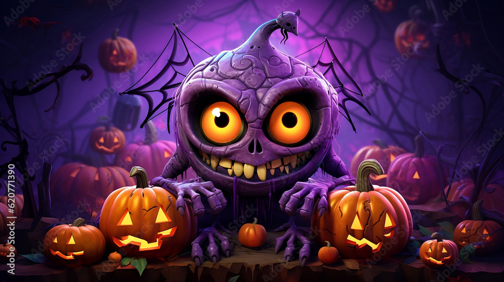 Purple Arachnid Menace: 3D Illustration of a Terrifying Monster Surrounded