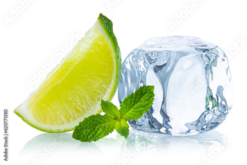 Ice cube. Ice cubes with fresh mint leaves and lime. Frozen water in shape of cube. Ice for lime drink, lemon soda or cocktails. Cold lemonade. Melting natural or real ice on white isolated background