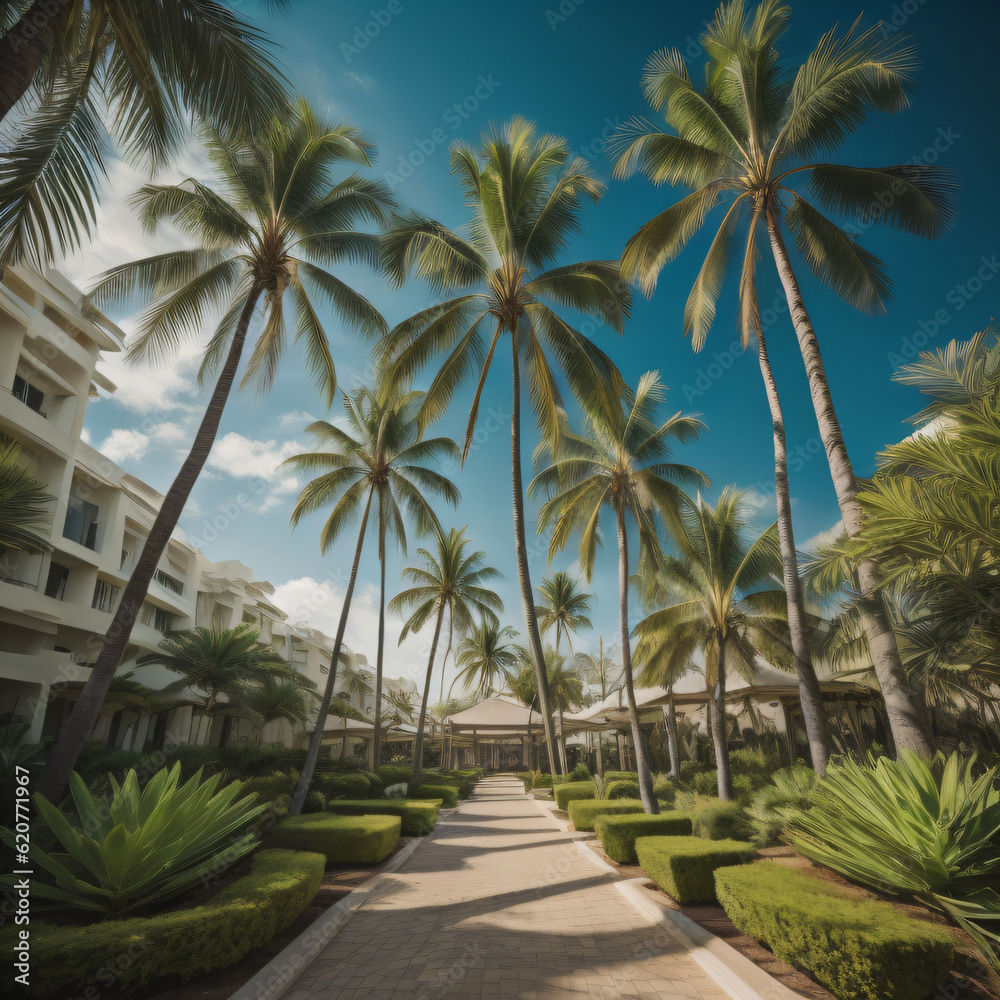 lush palm trees and vibrant hues of turquoise and lime green