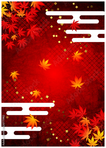紅和紙に鹿の子雲と紅葉タテ