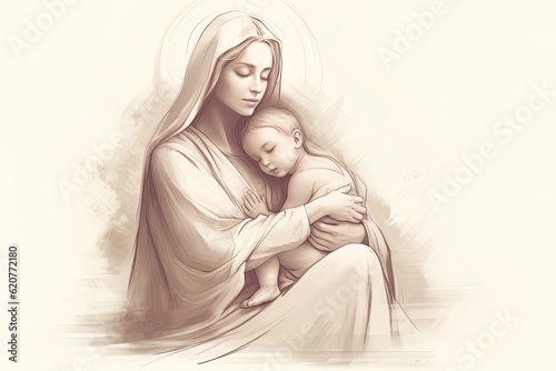 Graphic drawing of the statue of the Orthodox Virgin Mary with the baby AI