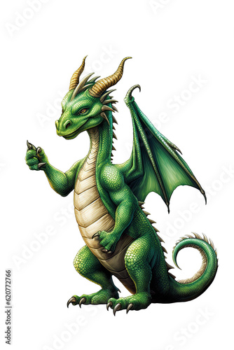 funny green dragon points his finger at a copy space on a white isolated background. Cartoon character symbol of the 2024 new year. Generative AI illustration