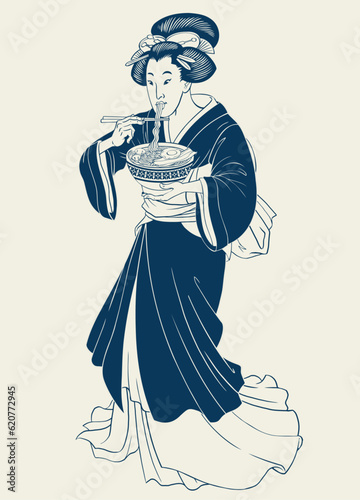 Black And White Japanese Geisha in Traditional Kimono Illustration