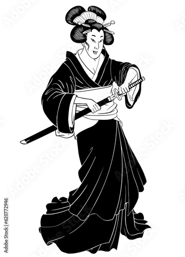 Black and White Illustration of Geisha in Traditional Kimono using japanese katana