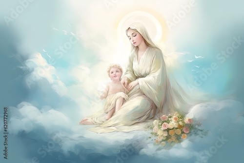 Photo illustration of the Orthodox Mother of God Virgin Mary with the baby biblical picture AI