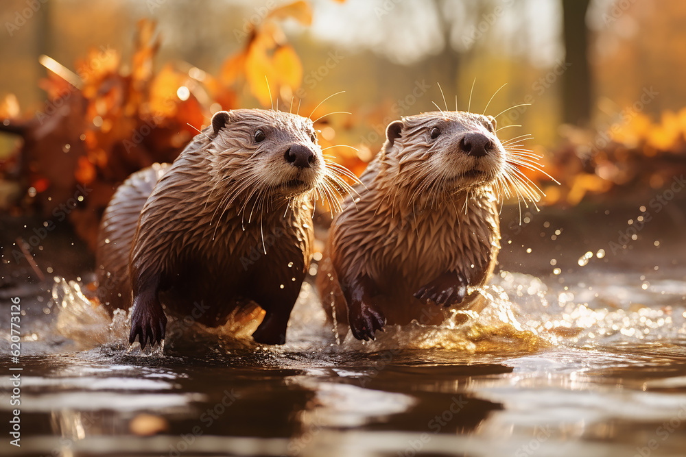 Pair of Wild Otters Running in River Water with Nature View on a Bright Day