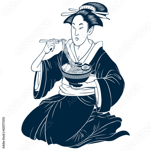 Isolated Black And White of Beautiful Geisha Eating Ramen in Traditional Kimono