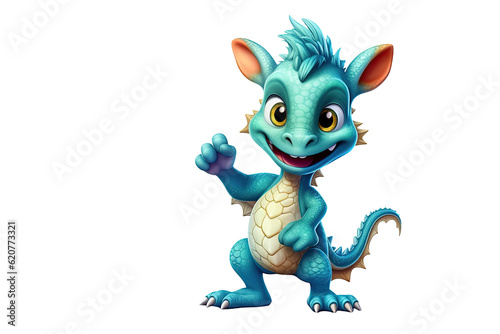 cute little blue dragon dinosaur points finger at a copy space on a white isolated background. Cartoon character. Generative AI illustration