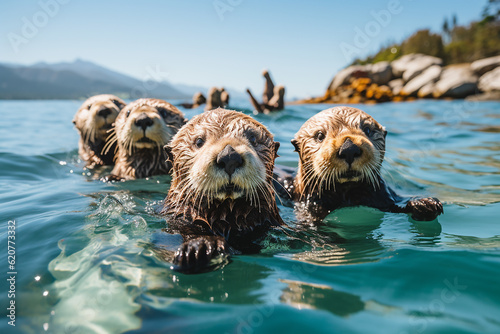 a Group of Otter Swimming in Blue Sea Water with Landscape Nature on Bright Day