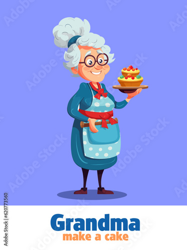 Vector Illustration, Grandmother with a Cake