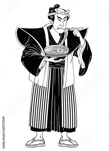 Ukiyo E Style Illustration of Man Eating Ramen Isolated Black and White