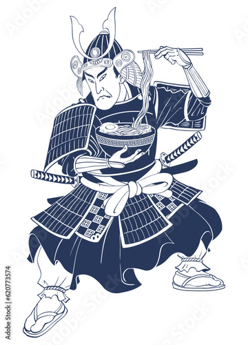 Ukiyo E Style Illustration of Samurai Eating Ramen Isolated Vector Illustration