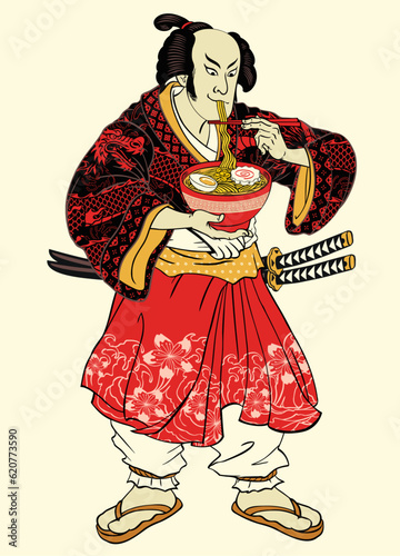 Vintage Hand Drawn Art of Man Eat Delicious Ramen in Edo Period Style Illustration