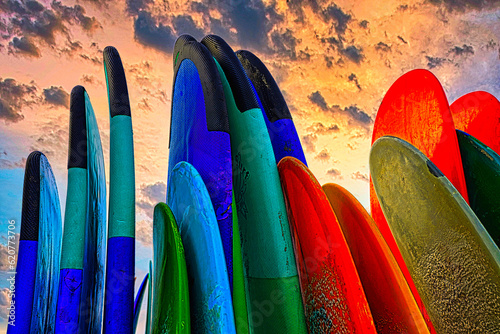 Stacked surf boards on Canggu beach, Bali, Indonesia