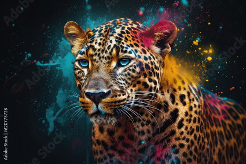 An vibrant photograph of a leopard splashed in bright paint  contemporary colors and mood social background  generative AI