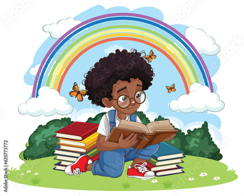 Curly hair boy reading book