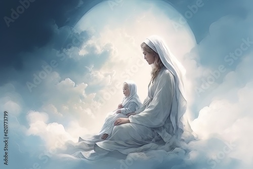 Photo illustration of the Orthodox Mother of God Virgin Mary with the baby biblical picture AI