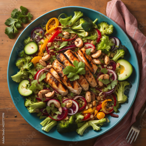 A vibrant gourmet salad bowl, brimming with a variety of fresh greens, colorful vegetables, flavorful proteins such as grilled chicken or shrimp, and a drizzle of tangy dressing