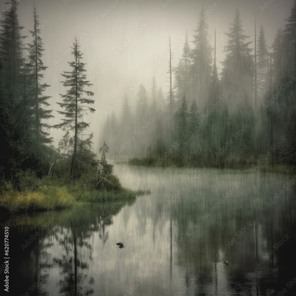 Lake surrounded by fog and trees Lake surrounded by fog and trees
