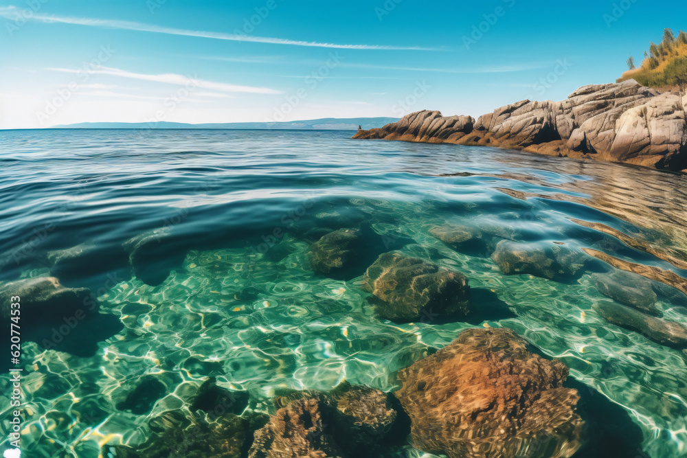 Fototapeta premium Free photo water surface level shot of rocks and reefs at the sea on a sunny day photography