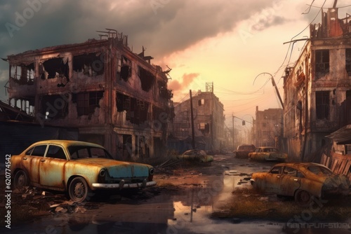 Post-apocalyptic city with abandoned and destroyed buildings. Generative AI