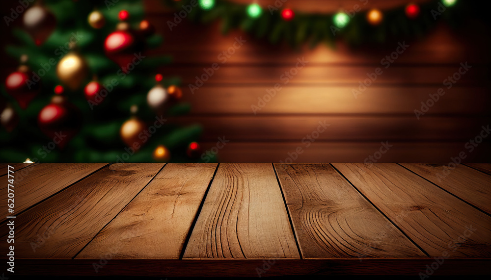 Empty wooden table with christmas theme in background Empty wooden table with christmas theme in background