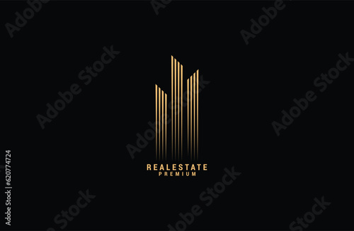 Real Estate line Logo Template Gold colored Vector Illustration