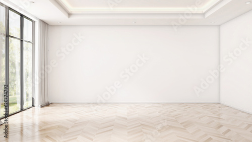 living room minimalism bright and spacious empty room with wooden parquet flooring and natural light with a sunlit window and clean white walls. 3D render