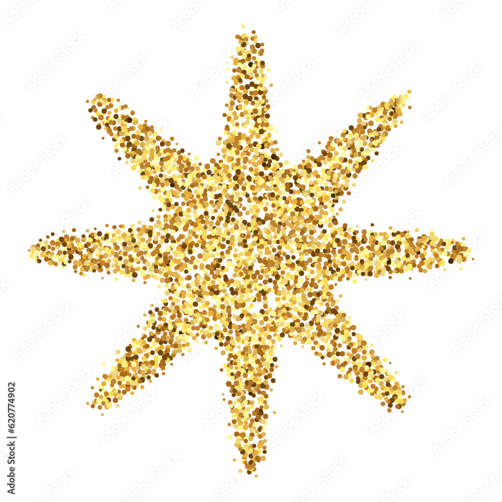 Golden confetti star. Glowing dotted glitter star shape. Amber particles, dots, sparkles design element. Christmas holiday decoration. Vector illustration Golden confetti star. Glowing dotted glitter star shape. Amber particles, dots, sparkles design element. Christmas holiday decoration. Vector illustration