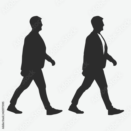 Elegant and Confident, Silhouettes of a Smiling Young Man in Jeans and Suit Walking - Full-Length Profile Shots