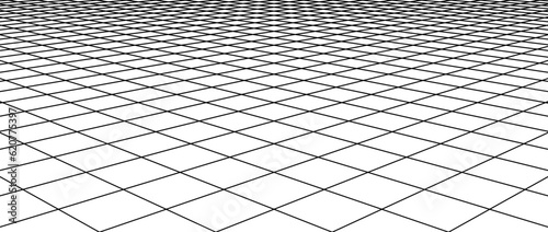 Diagonal wireframe grid. Checkered tile floor landscape. Horizontal chessboard plane in perspective. Black and white flat lattice surface background. Vector illustration 