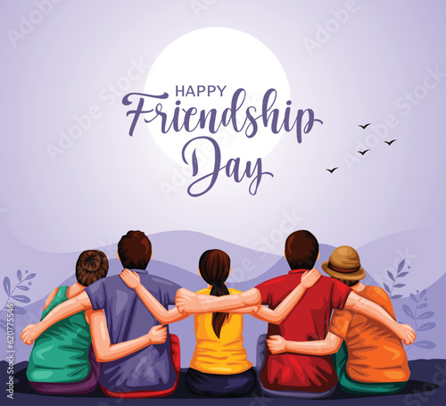 Happy international friendship day greeting card, back view of friends group. abstract vector illustration design