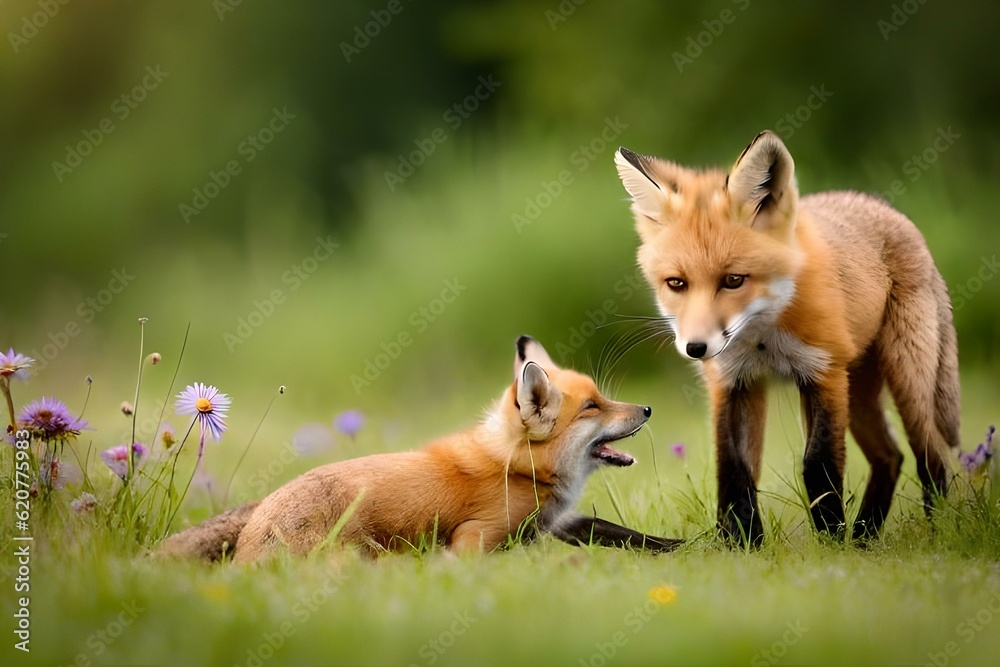 Fototapeta premium red fox playing in a field