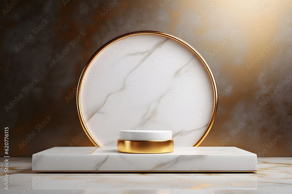 abstract minimalist geometric background, simple showcase scene with white hemisphere and golden glas ring, gold glasses round frame and liquid floor with reflection. Podium for product presentation