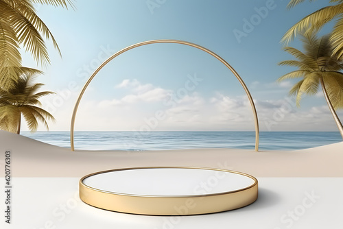 abstract minimalist geometric background  simple showcase scene with white hemisphere and golden glas ring  gold glasses round frame and liquid floor with reflection. Podium for product presentation