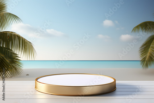 abstract minimalist geometric background  simple showcase scene with white hemisphere and golden glas ring  gold glasses round frame and liquid floor with reflection. Podium for product presentation