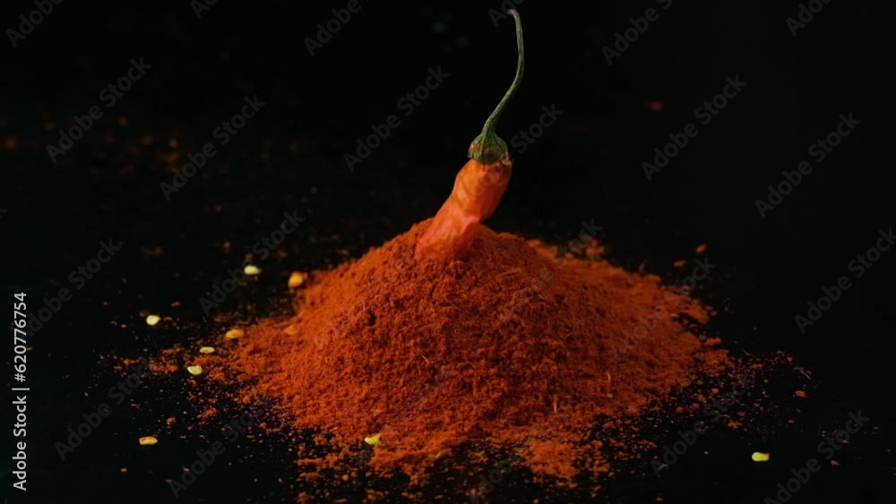Slow motion spicy whole red chilli pepper falling into pile of savoury paprika powder isolated on black background studio shot