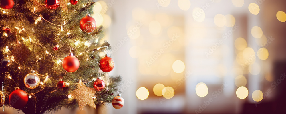 Christmas holidays banner, tree, bokeh background Christmas holidays banner, tree, bokeh background