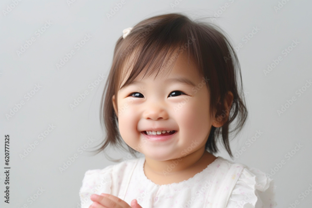 笑顔の3歳の女の子のポートレート 白背景 AI生成画像 ジェネレーティブAI 笑顔の3歳の女の子のポートレート 白背景 AI生成画像 ジェネレーティブAI
