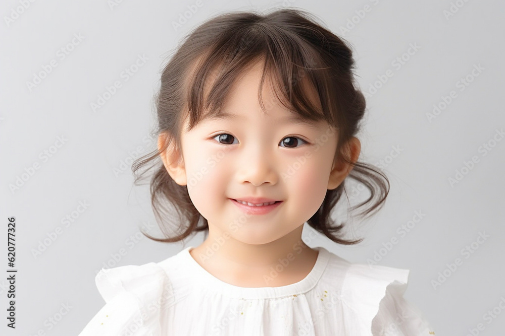 笑顔の3歳の女の子のポートレート 白背景 AI生成画像 ジェネレーティブAI 笑顔の3歳の女の子のポートレート 白背景 AI生成画像 ジェネレーティブAI