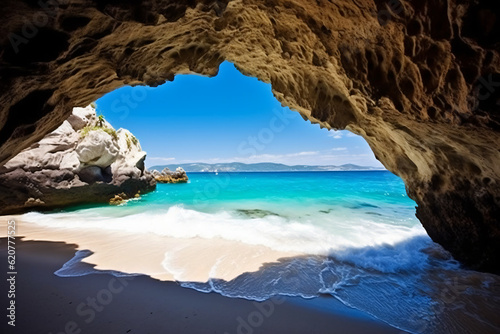 View of the paradise beach on the aegean coast of greece cave in the sea photography
