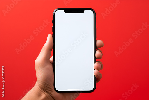 hand holding smart phone red background