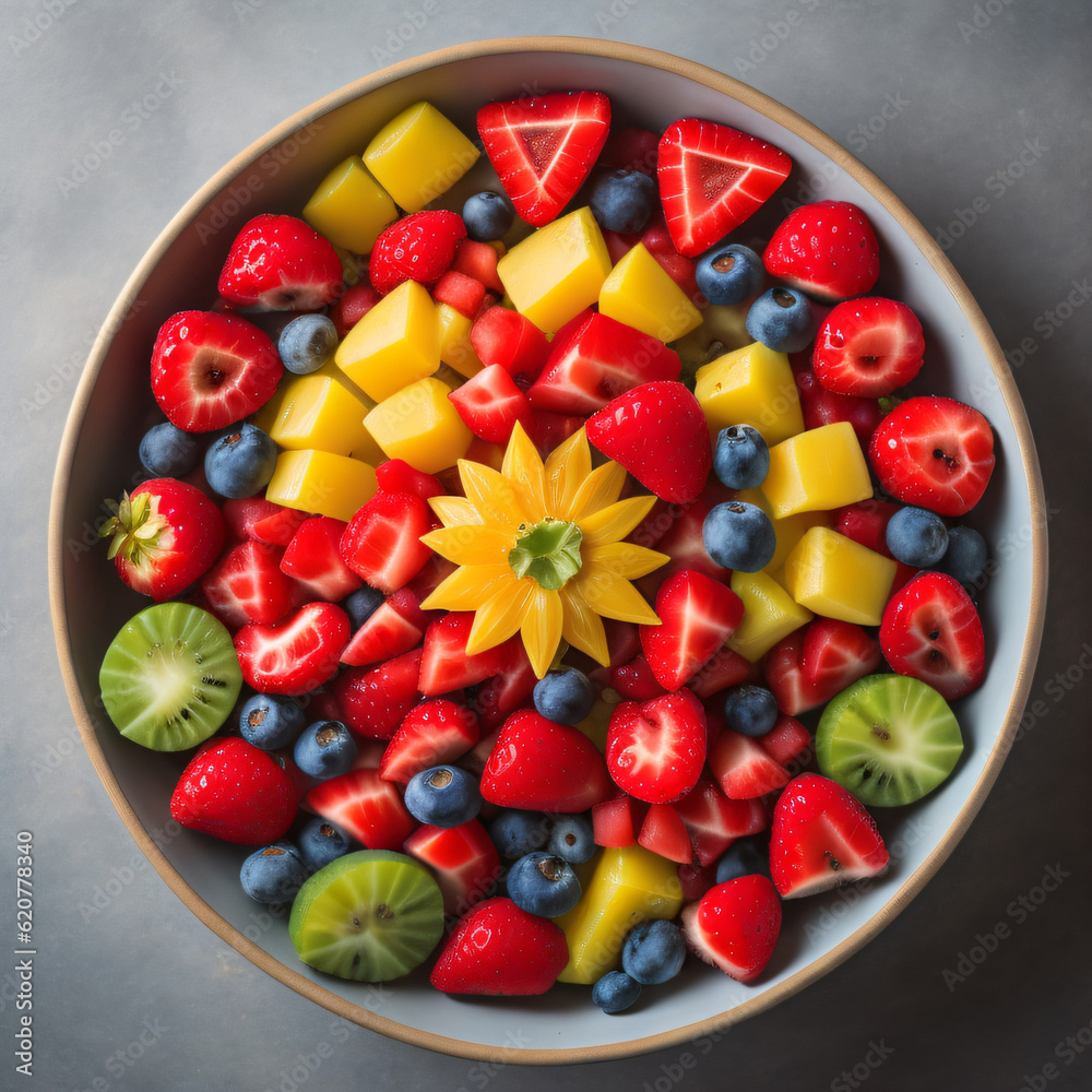 A vibrant bowl of refreshing fruit salad, featuring a colorful medley of freshly cut fruits such as strawberries, watermelon, pineapple, and kiwi