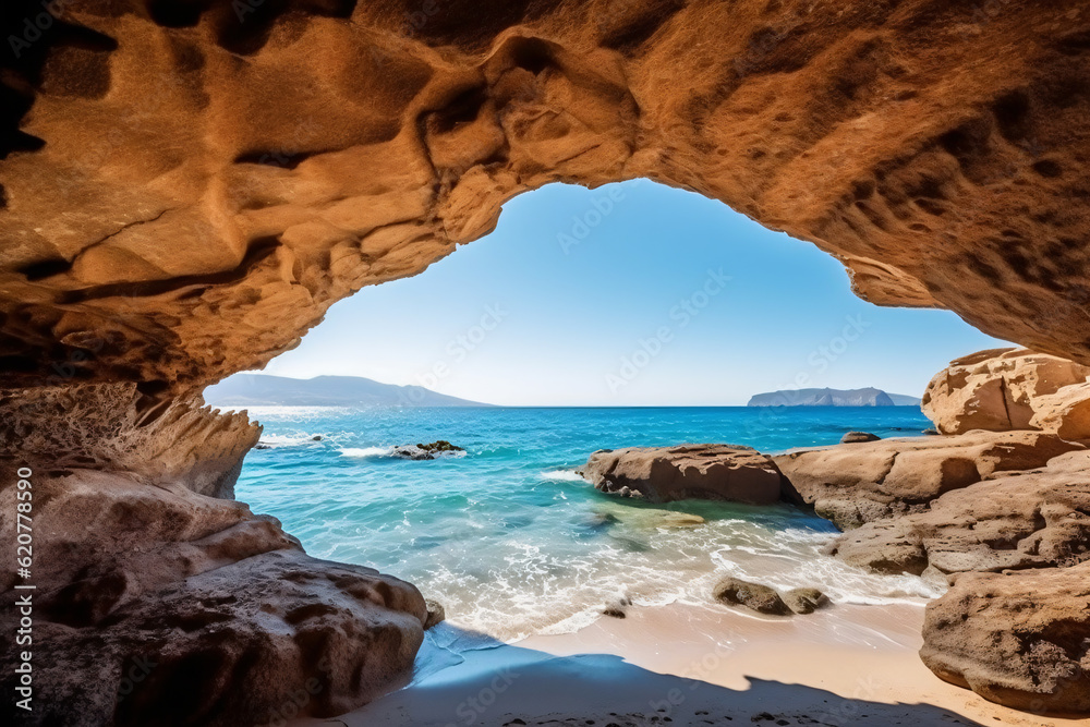 View of the paradise beach on the aegean coast of greece cave in the sea photography - obrazy, fototapety, plakaty 