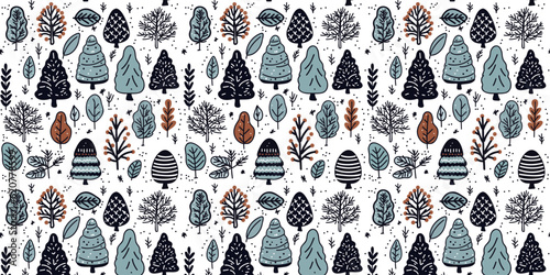 Seamless pattern with winter forest fir trees, trees and leaves, doodle vector for wrapping paper, wallpaper, textile, fabric
