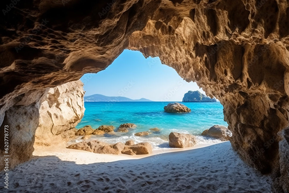 Obraz premium View of the paradise beach on the aegean coast of greece cave in the sea photography