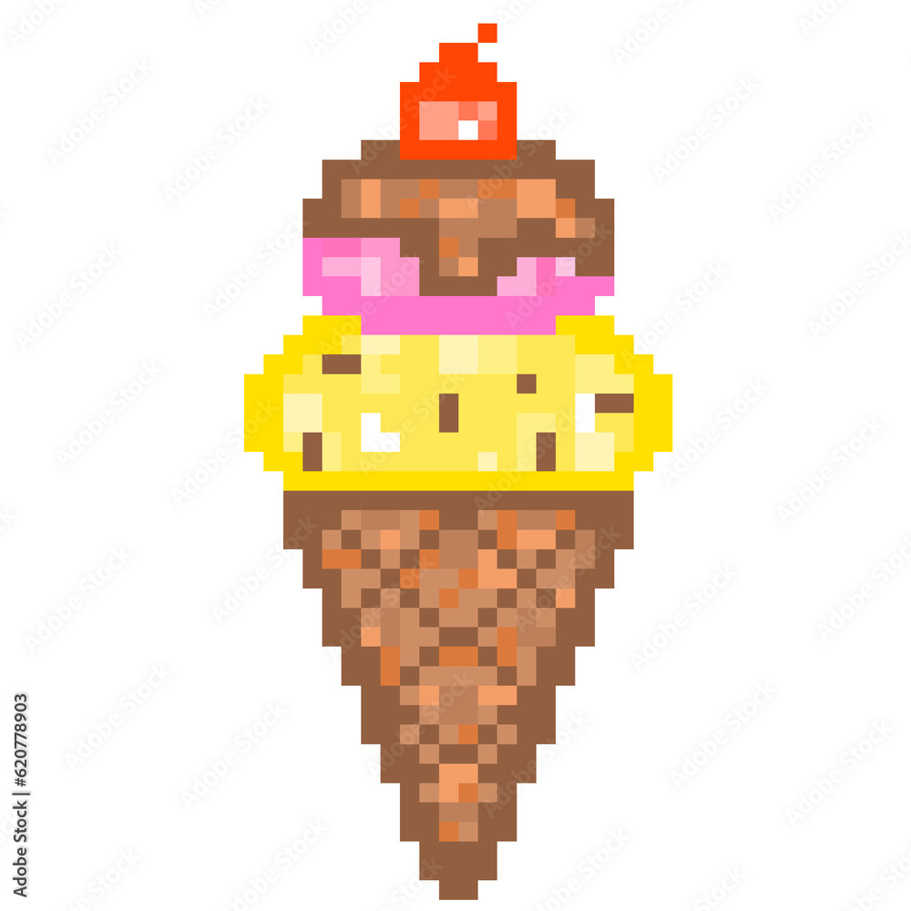 Pixel Dessert Icon Clip Art. Pixel art of ice cream cone with cherry on top illustration.