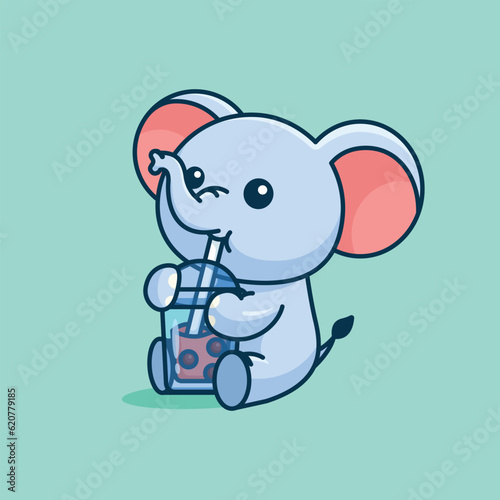 Cute elephant drink boba milk tea simple cartoon vector icon illustration animal drink © Satisfactoons