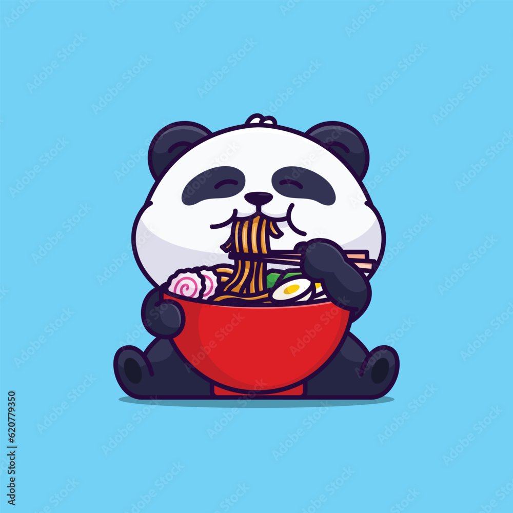 Cute panda eating ramen noodle simple cartoon vector illustration