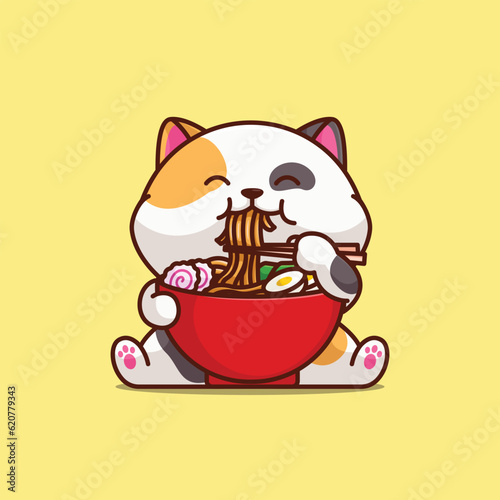 Cute cat eating ramen noodle simple cartoon vector illustration animal food icon © Satisfactoons